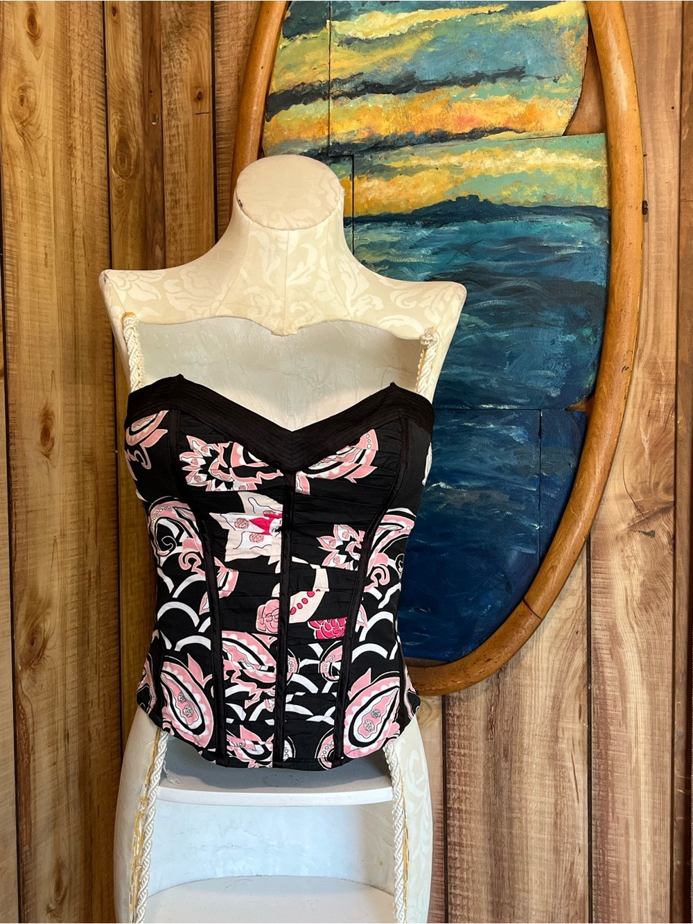 bebe Black and Pink Strapless Corset Top
